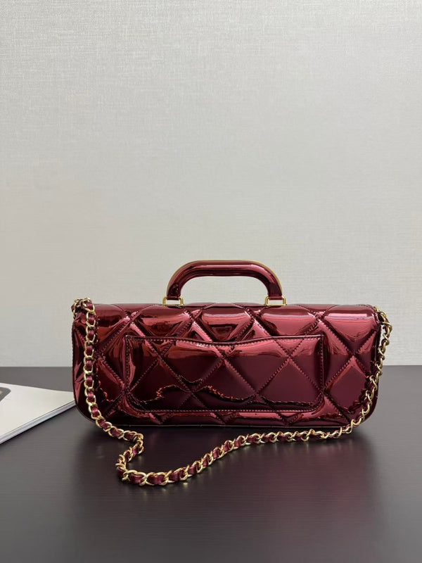 CC Large Flap Bag With Top Handle Burgundy Metallic Calfskin GHW