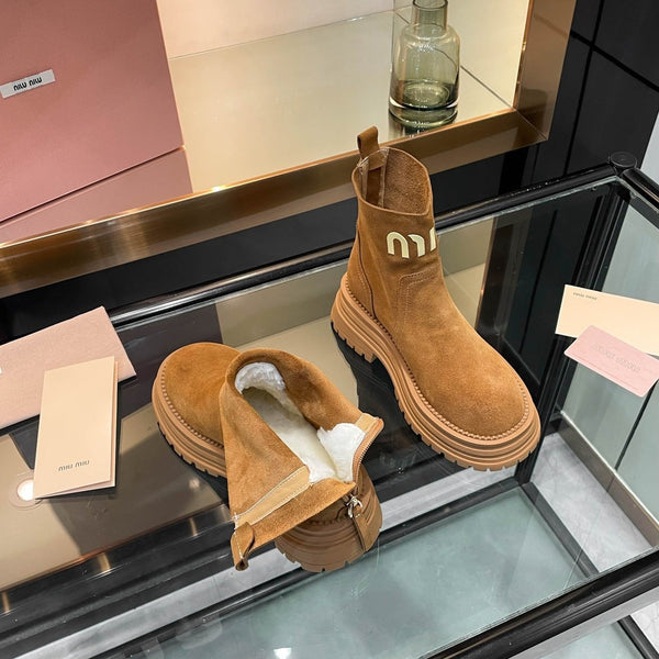 Miu 26s Logo Chunky Ankle Boots Suede