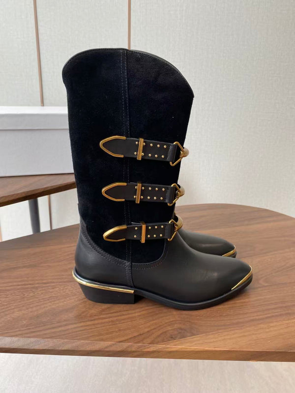 Isabel Marant Meixa Boots Santiag 30mm Black Leather and Metal