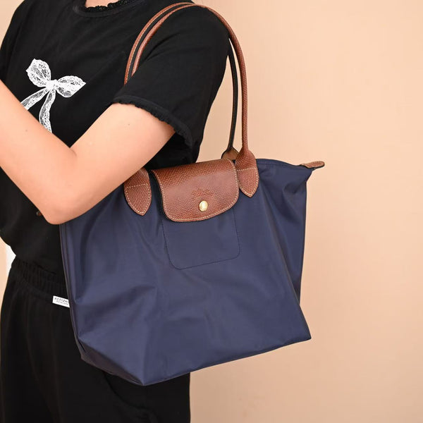 Longchamp Small Le Pliage Tote Bag Brown Navy Blue Polyamide Leather