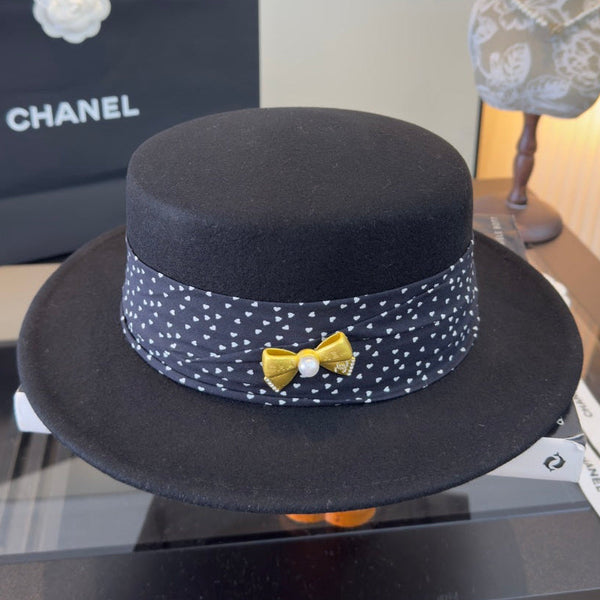 CC Polka-Dot Ribbon Cashmere Flat-Top Hat 491493