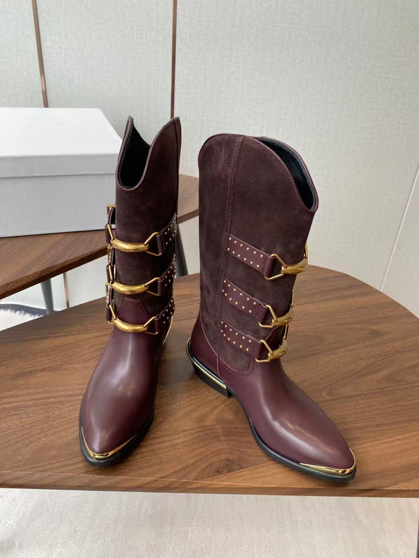 Isabel Marant Meixa Boots Santiag 30mm Burgundy Leather and Metal