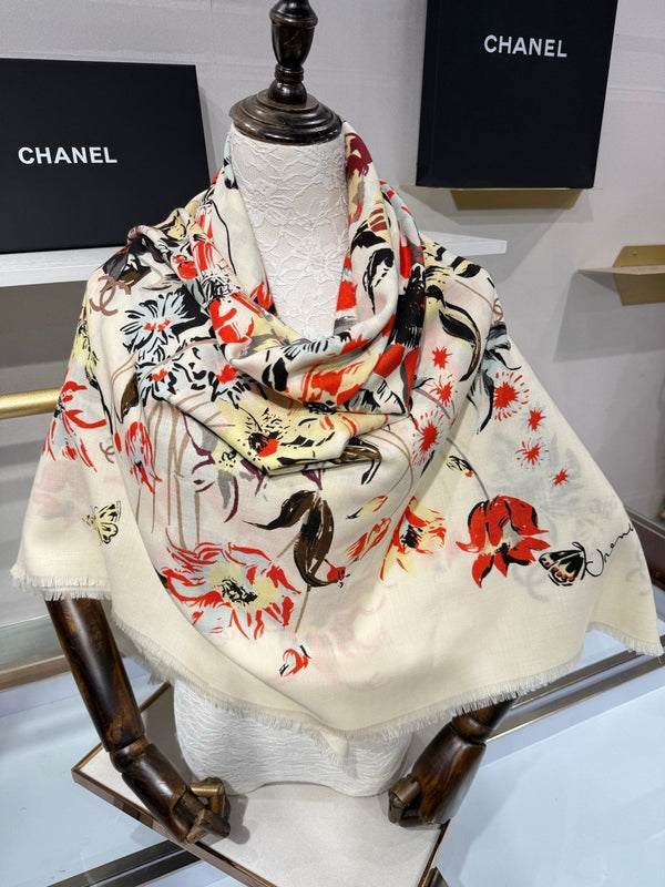 CC 2026 Square Scarf 140cm Red White Cashmere Silk 218853