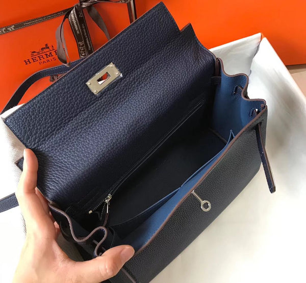HM KELLY 28CM PELLE TOGO BLU SCURO FERRAMENTA ARGENTO