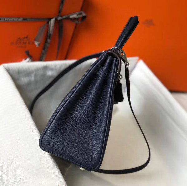 HM KELLY 28CM PELLE TOGO BLU SCURO FERRAMENTA ARGENTO