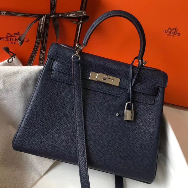 HM KELLY 28CM PELLE TOGO BLU SCURO FERRAMENTA ARGENTO