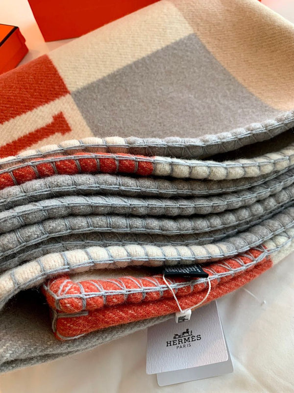 HM Drapeau Blanket Terracotta and Grey Wool Cashmere