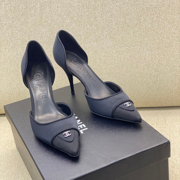 CC 26S Vintage Slingback Pointed-Toe Double CC Crystal Navy Black Silk Satin 156358