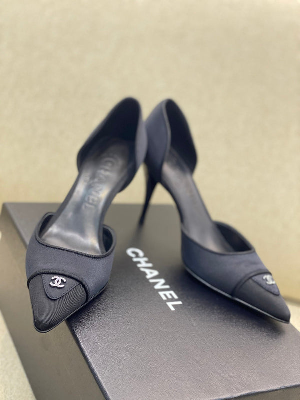 CC 26S Vintage Slingback Pointed-Toe Double CC Crystal Navy Black Silk Satin 156358