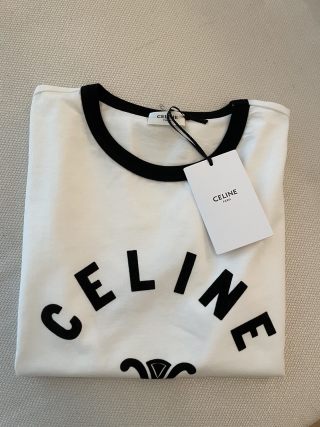 Maglietta a maniche corte con logo Celine in cotone bianco e nero