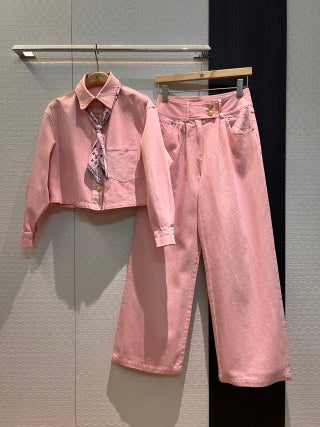 Pantaloni a gamba larga in denim LV Flower rosa grigio
