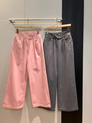 Pantaloni a gamba larga in denim LV Flower rosa grigio