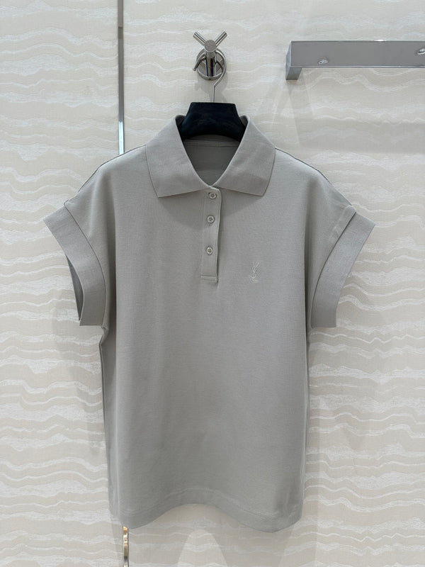 T-shirt con colletto polo YSL grigia in cotone e poliestere