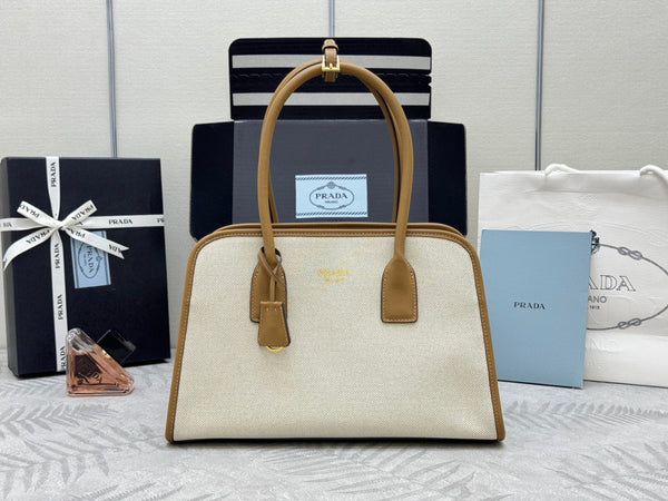 Prada Linen Medium Tote Bag Soft Grain Leather & Canvas