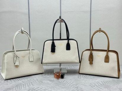 Prada Linen Medium Tote Bag Soft Grain Leather & Canvas