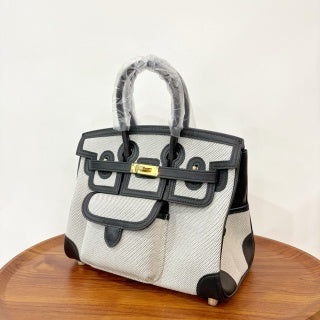 HM Birkin Cargo 25CM Handbag Ivory Black Swift Canvas