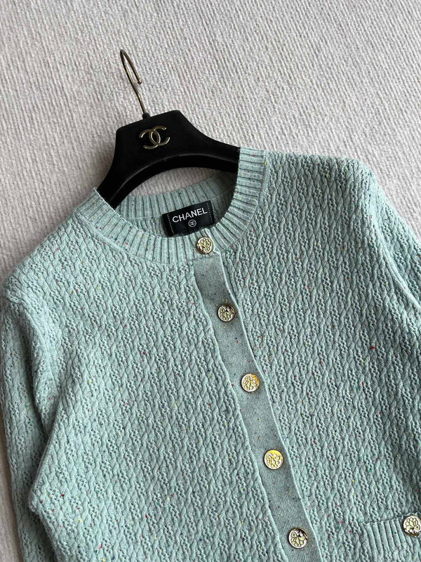 CC 25A Classic Round Neck Floral Wool Cardigan In Turquoise 275514