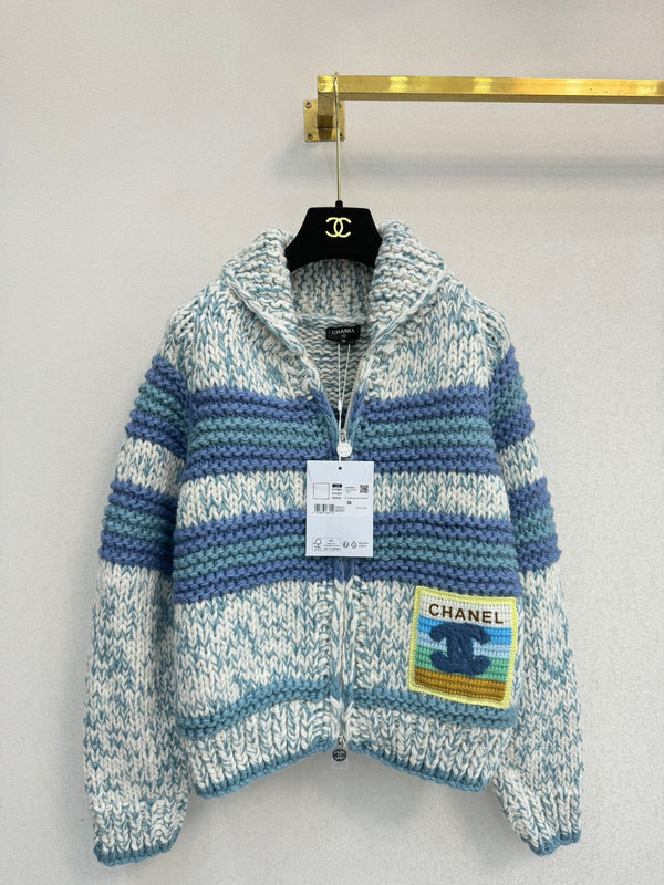 CC 26S Striped Knit Zip-Up Cardigan Shawl Collar Patch Pocket Cashmere 433499
