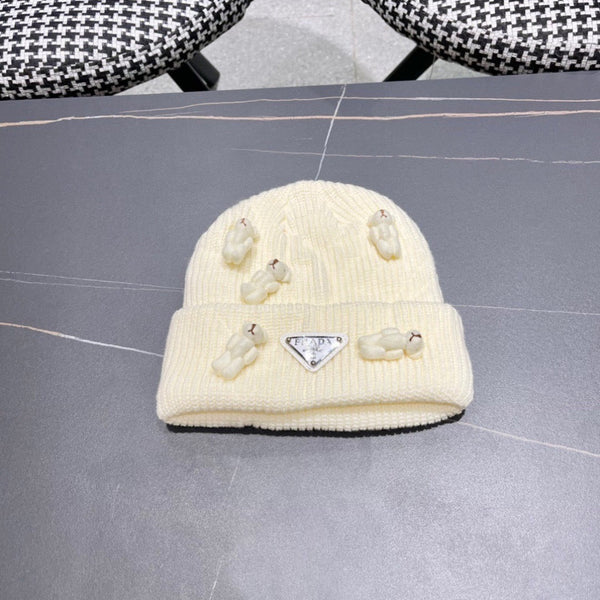 Prad 26FW Double-Layer Knit Beanie Bear Design Knitted Wool 552005