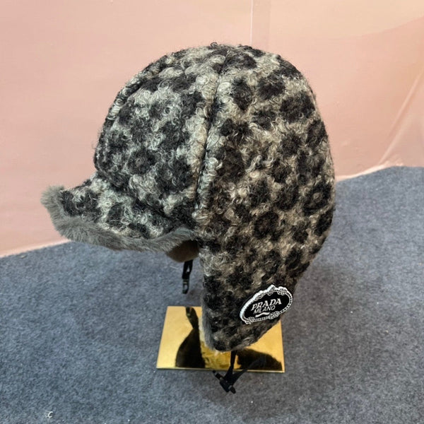 Prad 26FW Leopard Print Faux Fur Trapper Hat Ear Flaps Logo Patch