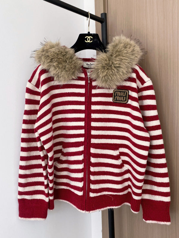 Miumiu 2025 Veste à Capuche en Fourrure et Laine Rayée