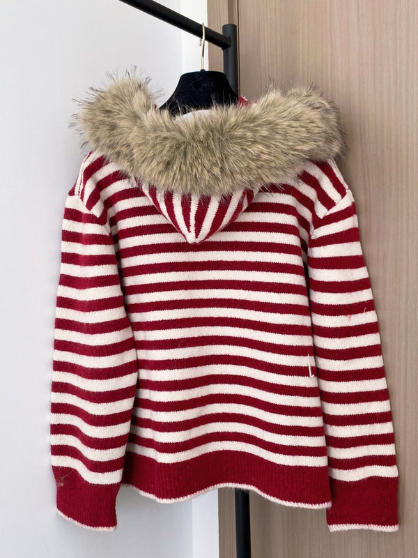 Miumiu 2025 Veste à Capuche en Fourrure et Laine Rayée