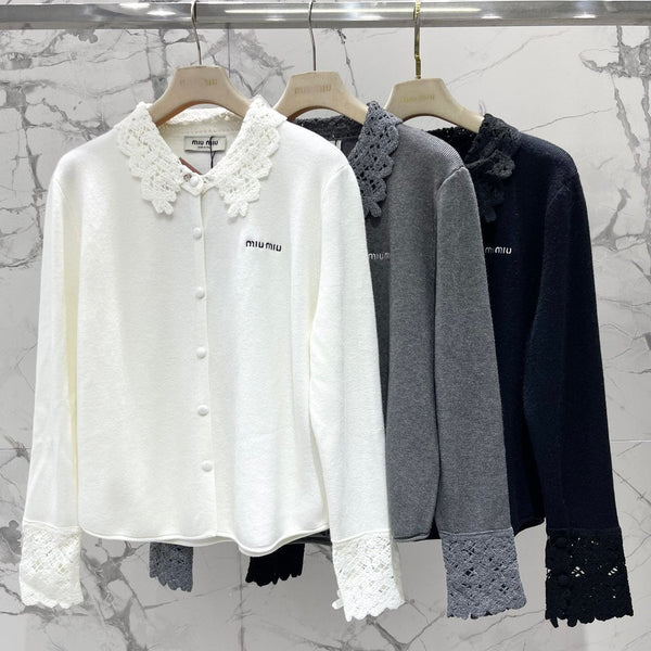 Miumiu 2025 Cardigan en Maille Anti-Âge en Laine avec Col Crochet Ajouté