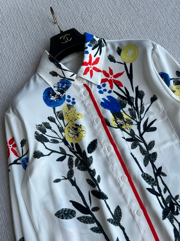 Ensemble chemise et jupe Chanel 26 imprimé blanc en polyester