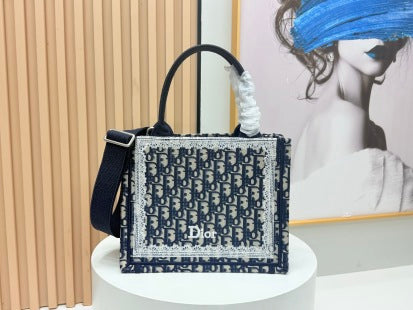 CD Book Tote Blue Dior Oblique Embroidery and White Lace