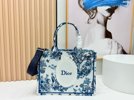 CD Book Tote With Strap Blue Toile De Jouy Floral Garden Canvas