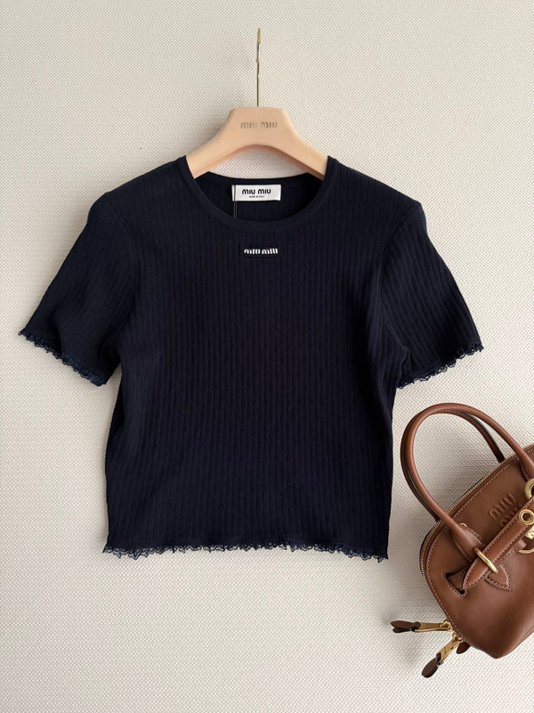 Haut à manches courtes en coton et dentelle à col rond Miu Miu 26SS