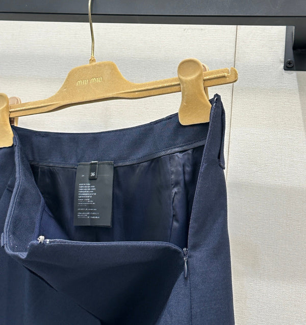 Miu Miu Waist-cinching A-line Midi Skirt Navy Blue in Imported YB Mohair and Wool Blend
