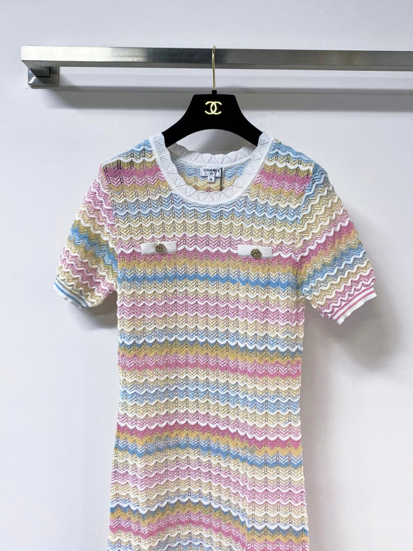 Chanel Three-Color Short-Sleeve Dress in Tencel