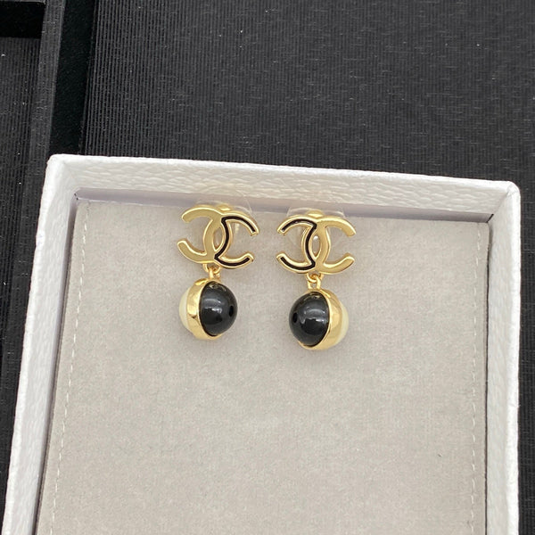 Chanel CC Resin Ball Drop Gold Black Earrings