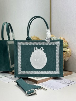 CD Book Tote with Dark Teal Oblique pattern and White Lace details in Canvas 288328