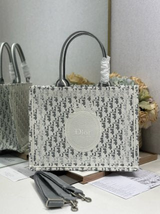 CD Book Tote with Gray Oblique pattern and White Lace details in Canvas 288335