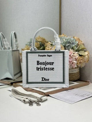 CD Book Tote Embroidered " Bonjour Tristesse" White in Canvas 288233