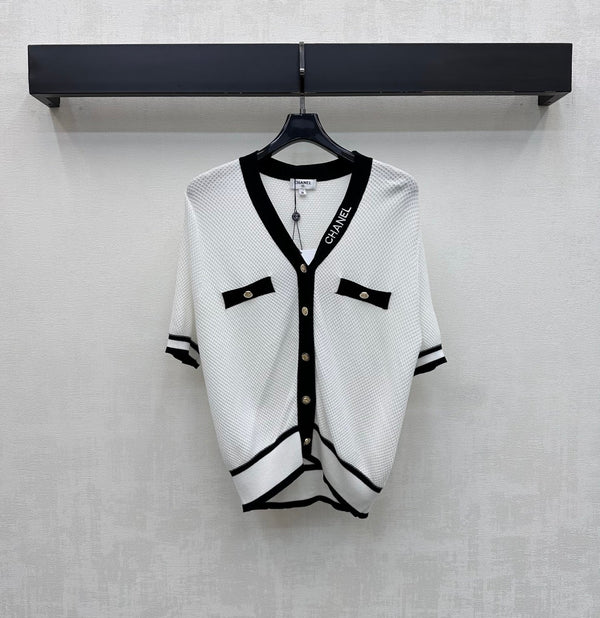 CC 26 Color-Blocked V-Neck Short-Sleeve Knit Cardigan in Wool