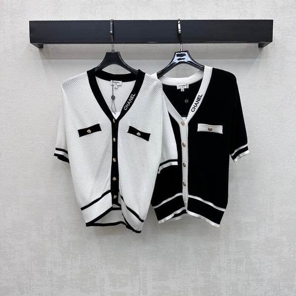 CC 26 Color-Blocked V-Neck Short-Sleeve Knit Cardigan in Wool