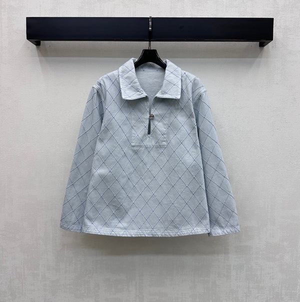 CC 26 Diamond-Patterned Denim Collared Top in Cotton