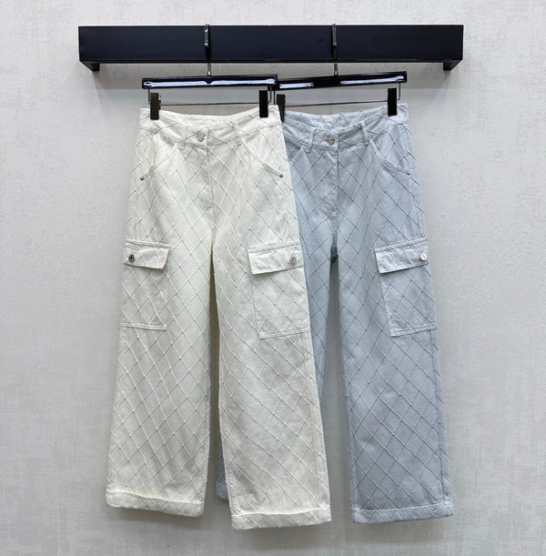 CC 26 Diamond-Patterned Denim Pants with Fold-Up Design in Cotton