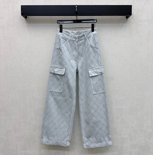 CC 26 Diamond-Patterned Denim Pants with Fold-Up Design in Cotton