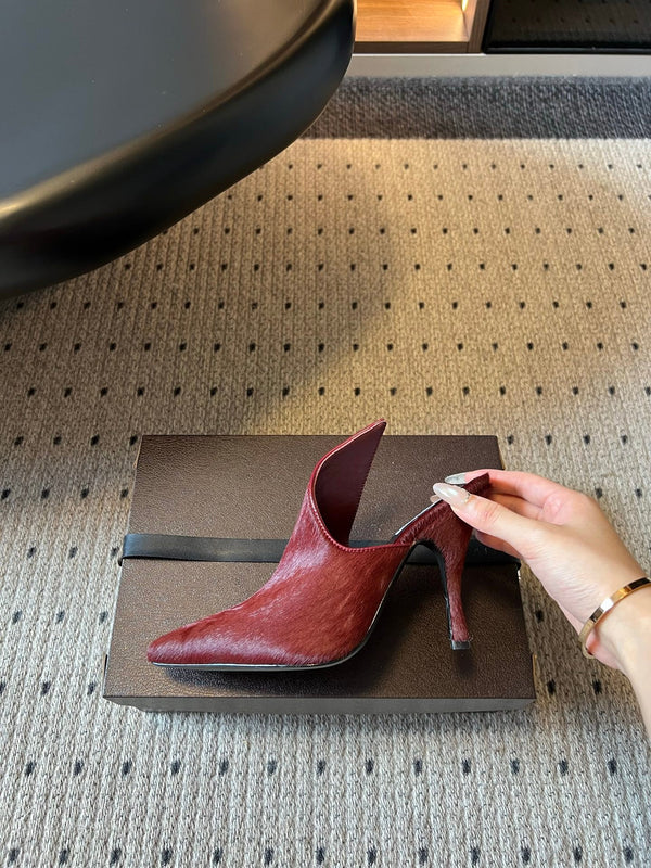 Alaia 26ss Pointed Toe Mules 10cm Burgundy Pony Hair