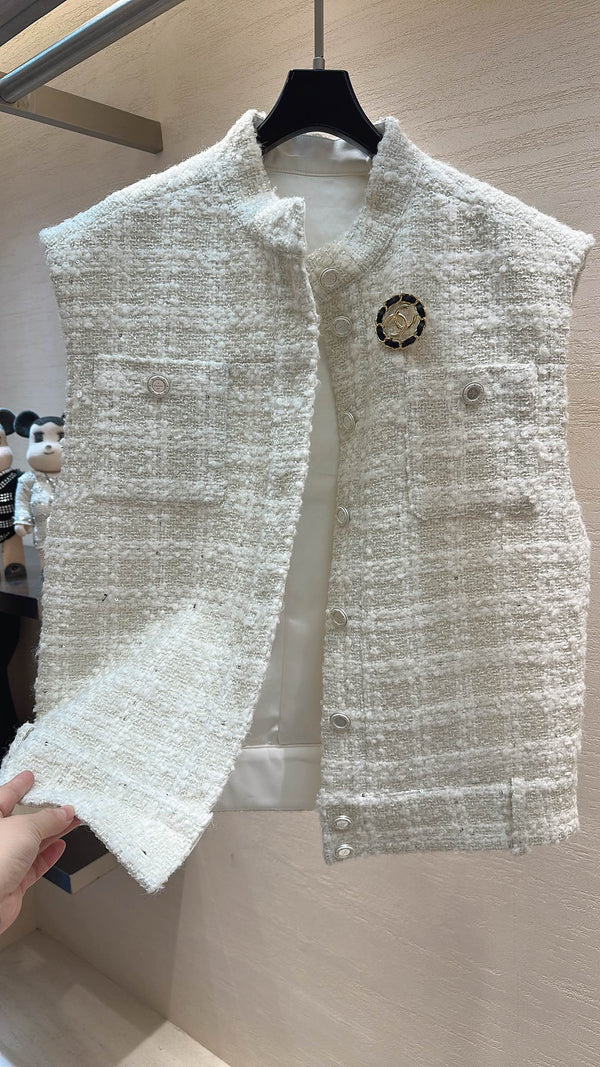 CC Stand-Collar Vest Jacket Cream White Tweed 415627