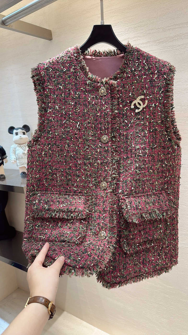 CC Vest Jacket Fringe Trim Berry Multicolor Tweed 415630