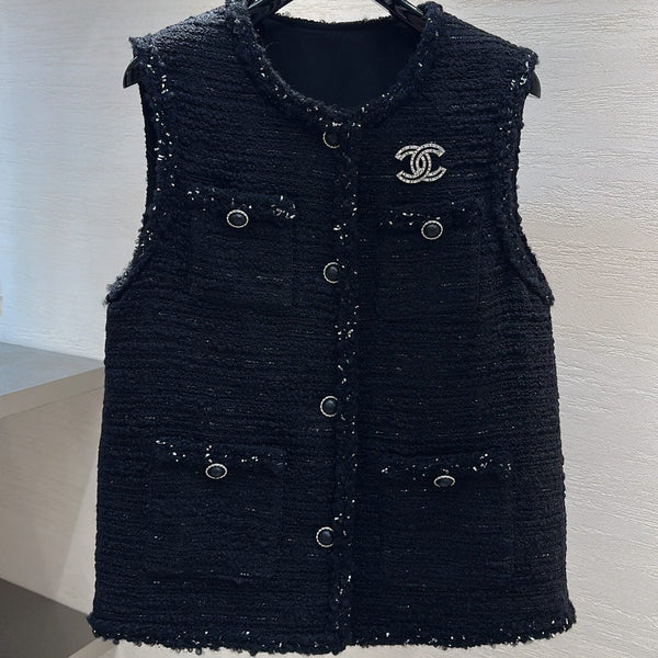 CC Sleeveless Vest Jacket Silver Sparkle Black Tweed 415638