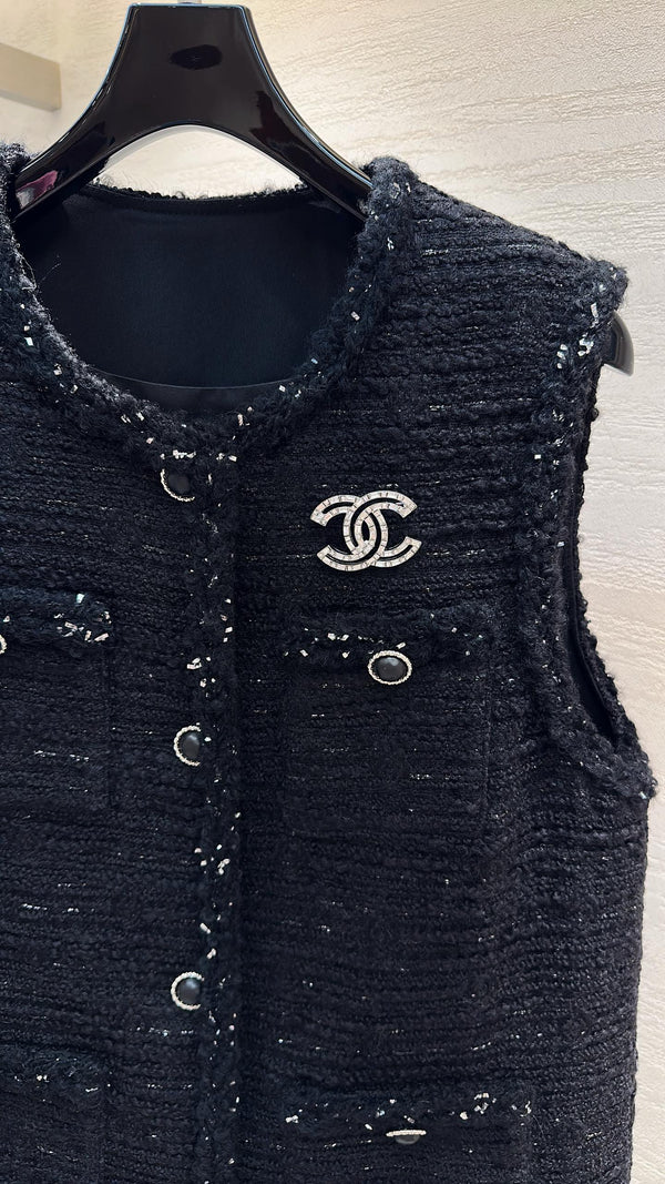 CC Sleeveless Vest Jacket Silver Sparkle Black Tweed 415638