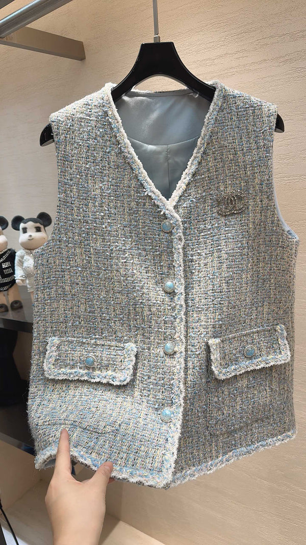 CC V-Neck Vest Jacket Morandi Blue Multicolor Tweed 415643