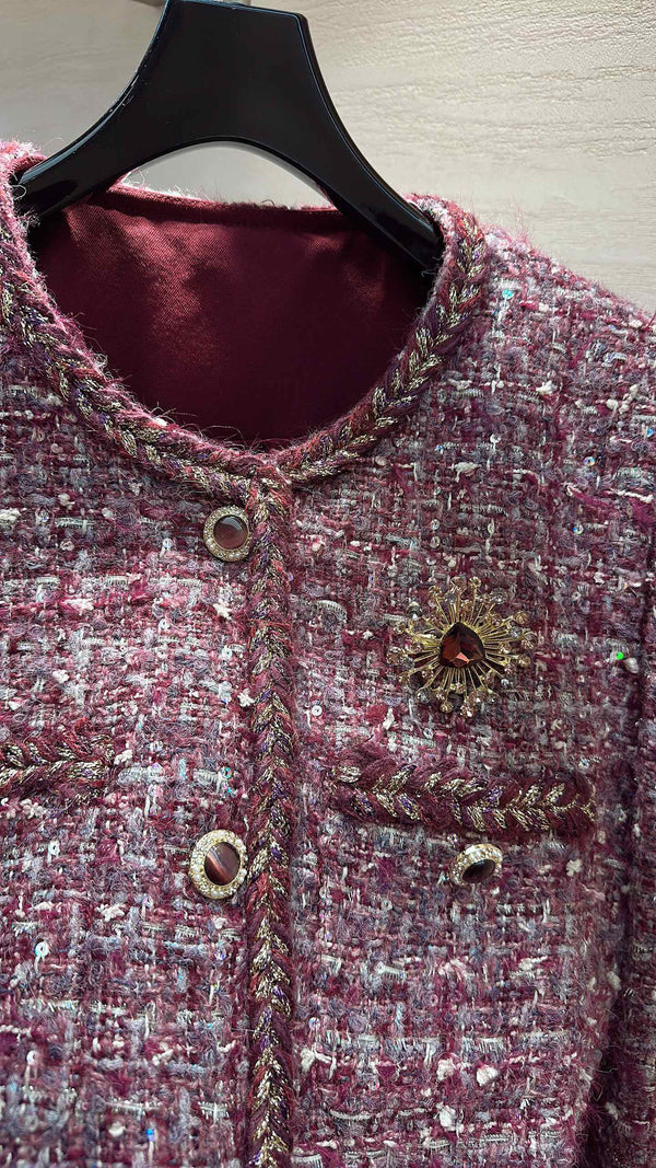CC Cropped Jacket Burgundy Multicolor Tweed 415617