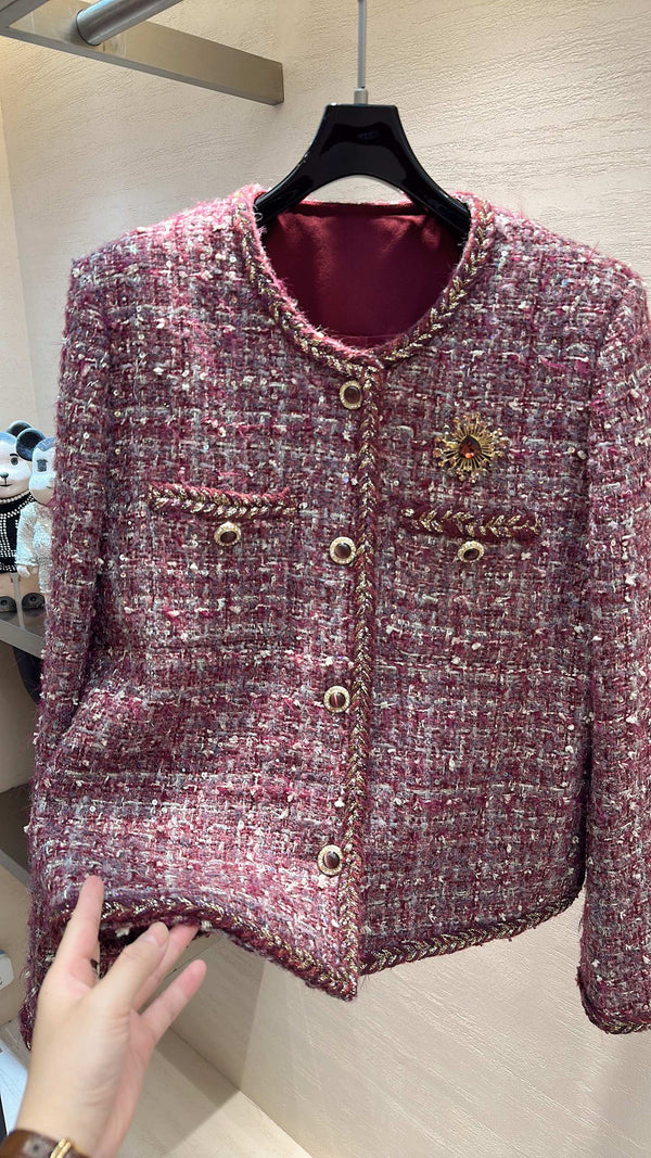 CC Cropped Jacket Burgundy Multicolor Tweed 415617